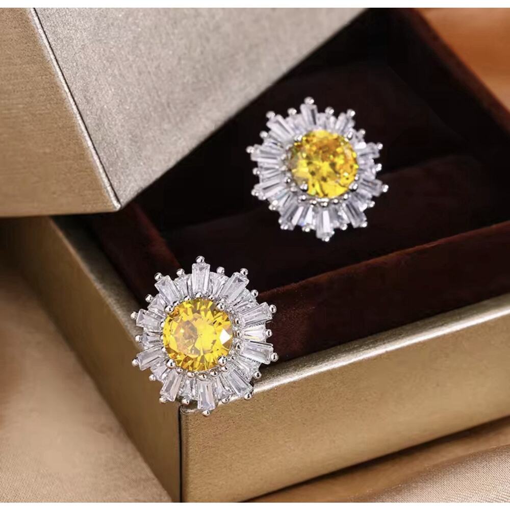 Silver Yellow Zircon Sunburst Stud Earrings Round Halo Statement Earrings